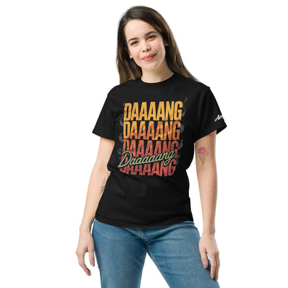 Stylish black DANG T-Shirt featuring bold multi-colored text design for casual wear
