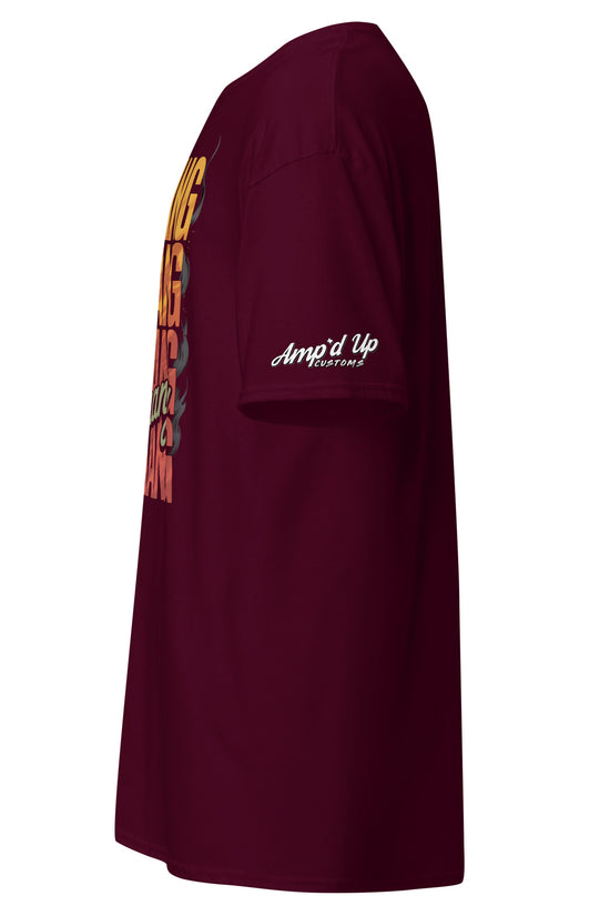 Maroon DANG T-Shirt by Amp'd Up Custom featuring bold colorful graphics on the front