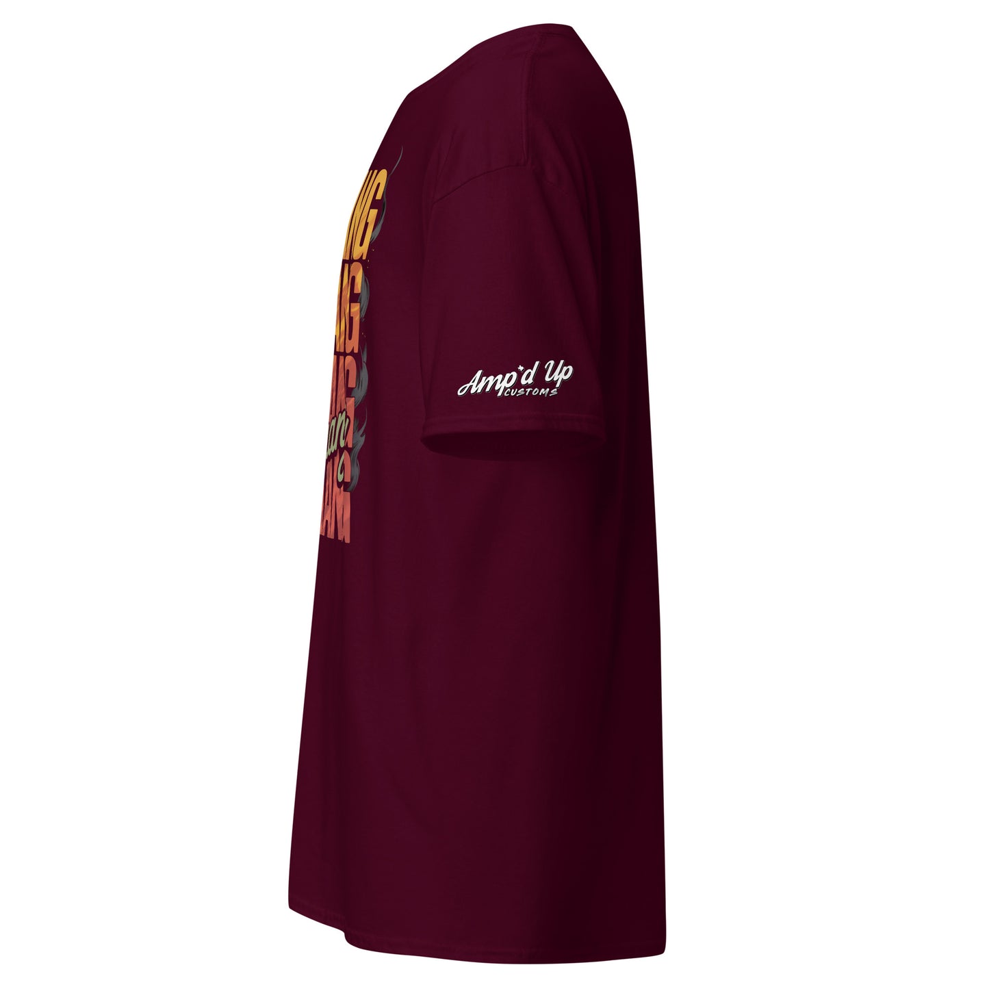 Maroon DANG T-Shirt by Amp'd Up Custom featuring bold colorful graphics on the front