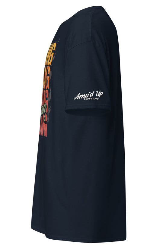 DANG T-Shirt in navy blue from Amp'd Up Custom with colorful graphic design