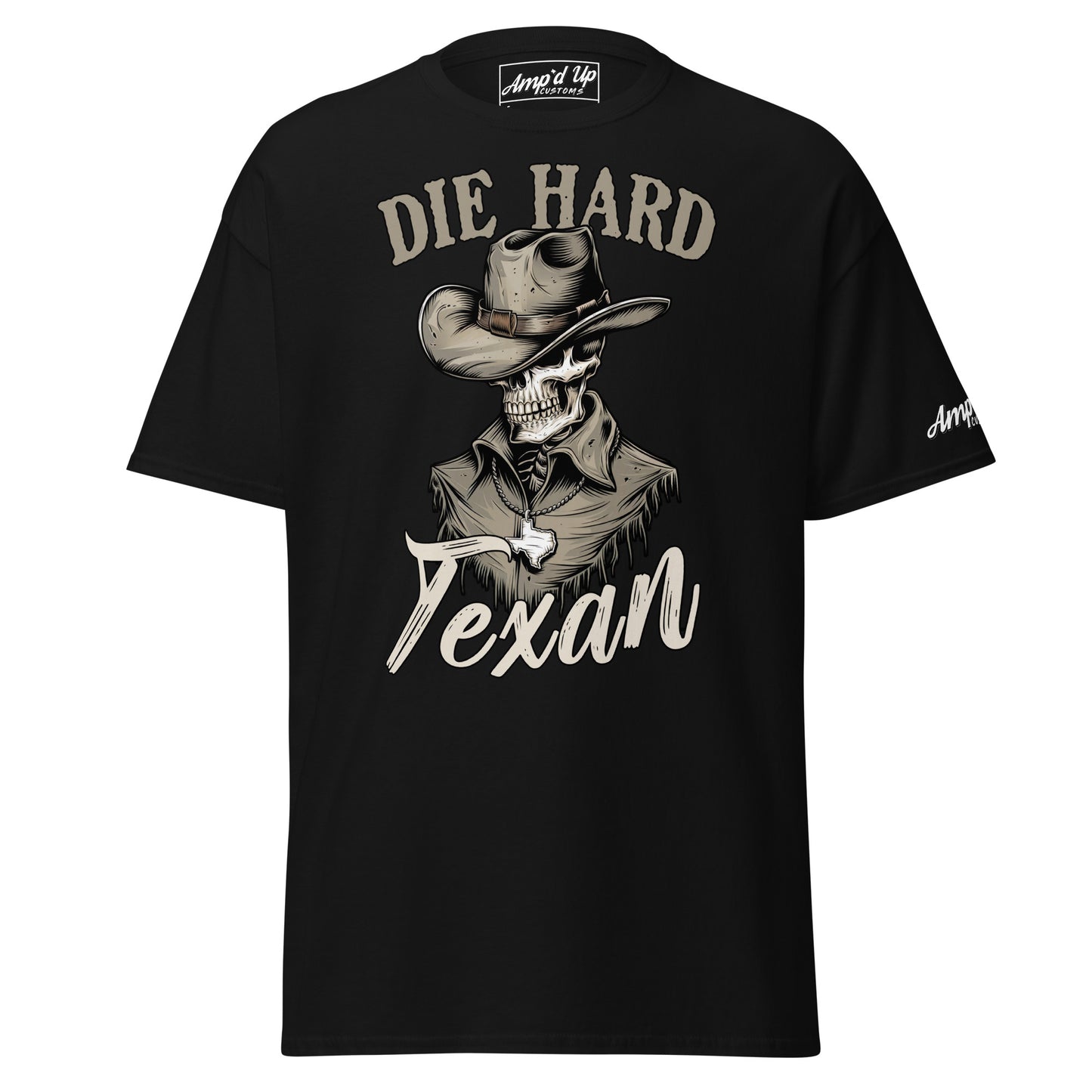 Die Hard Texan T-Shirt featuring a skeleton in a cowboy hat with bold text design