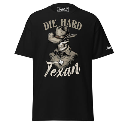 Die Hard Texan T-Shirt featuring a skeleton in a cowboy hat with bold text design