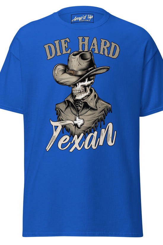 Die Hard Texan T-Shirt in blue featuring a cowboy graphic with western style text