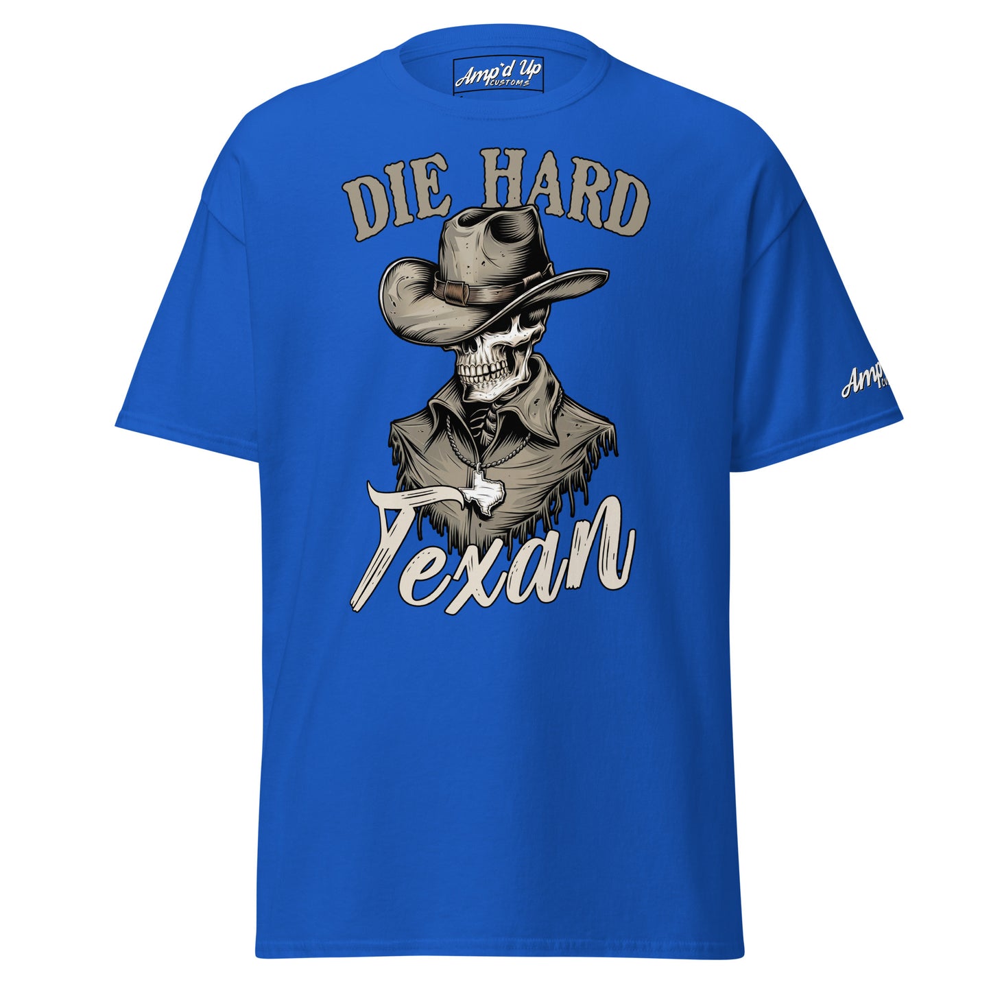 Die Hard Texan T-Shirt in blue featuring a cowboy graphic with western style text