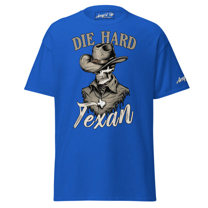 Die Hard Texan T-Shirt in blue featuring a cowboy graphic with western style text