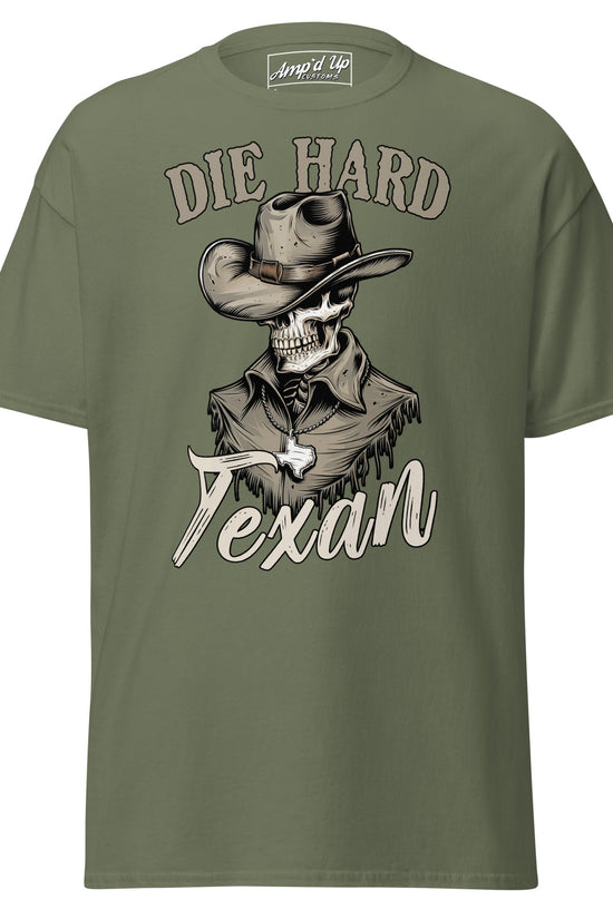 Die Hard Texan T-Shirt featuring a skeleton cowboy graphic on an olive green shirt