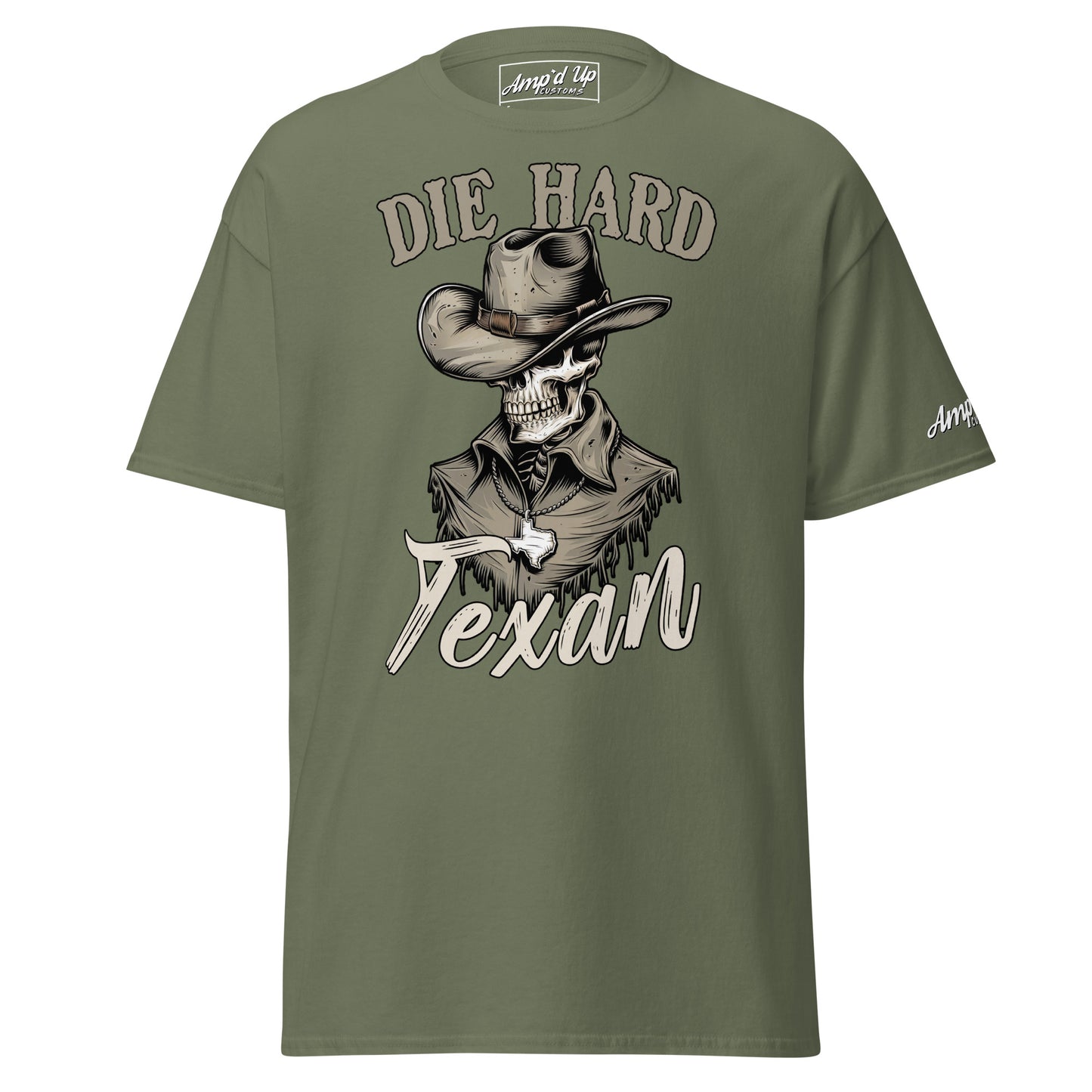 Die Hard Texan T-Shirt featuring a skeleton cowboy graphic on an olive green shirt