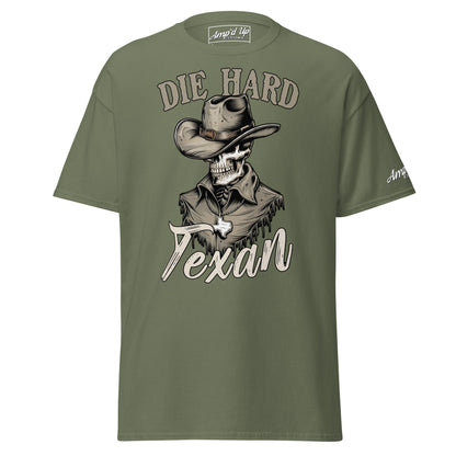 Die Hard Texan T-Shirt featuring a skeleton cowboy graphic on an olive green shirt