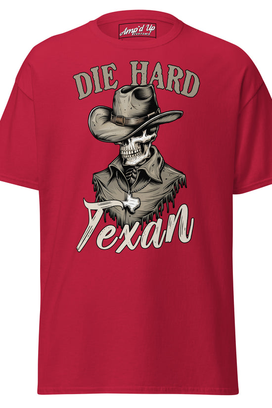 Die Hard Texan T-Shirt in red featuring a skull cowboy graphic on the front