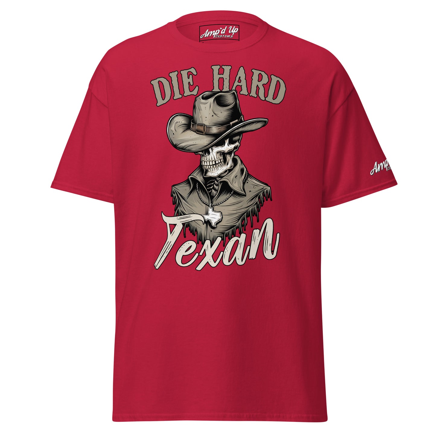 Die Hard Texan T-Shirt in red featuring a skull cowboy graphic on the front