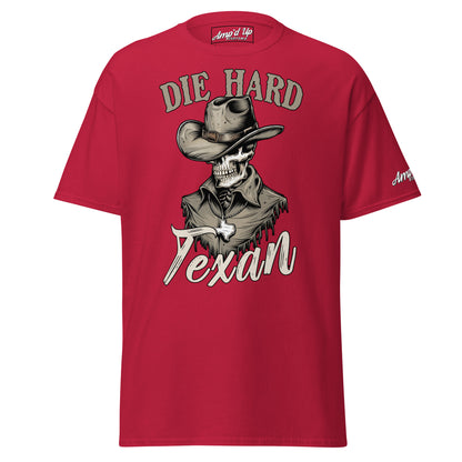 Die Hard Texan T-Shirt in red featuring a skull cowboy graphic on the front