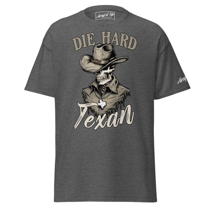 Die Hard Texan T-Shirt featuring a skeleton in a cowboy hat on a gray background