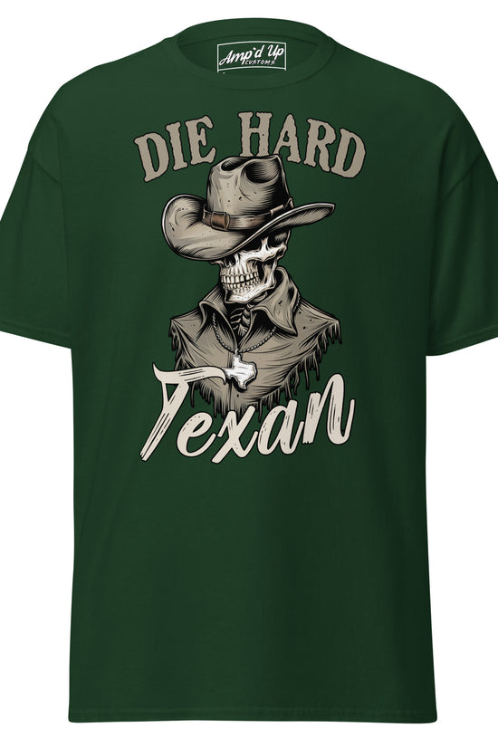 Die Hard Texan T-Shirt featuring a skeleton cowboy design on a dark green background