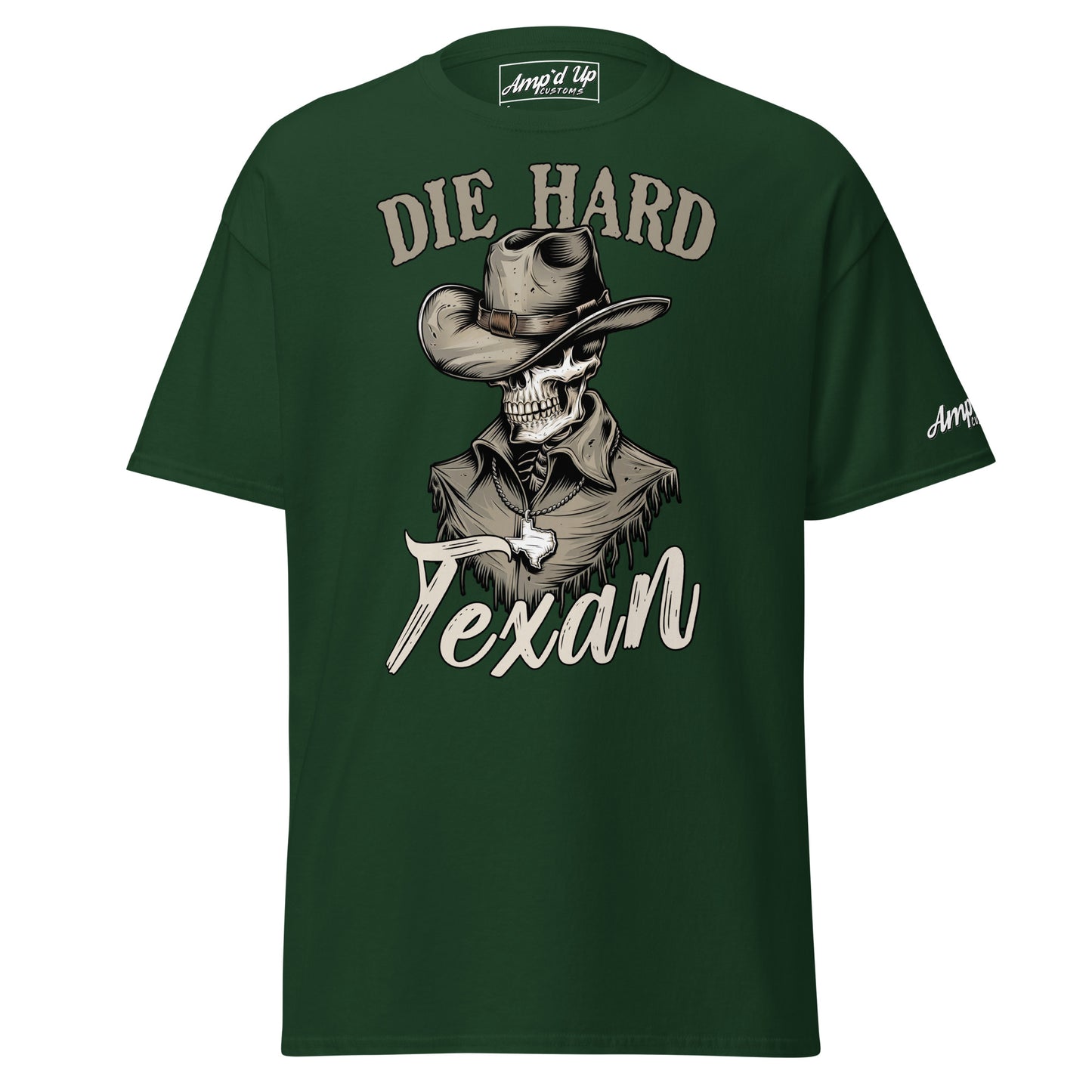 Die Hard Texan T-Shirt featuring a skeleton cowboy design on a dark green background