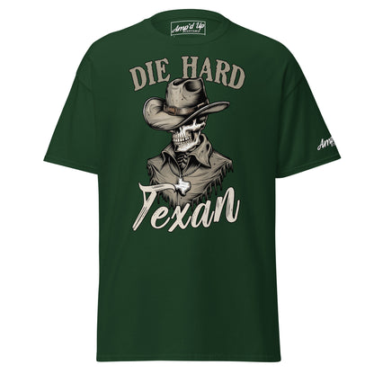 Die Hard Texan T-Shirt featuring a skeleton cowboy design on a dark green background