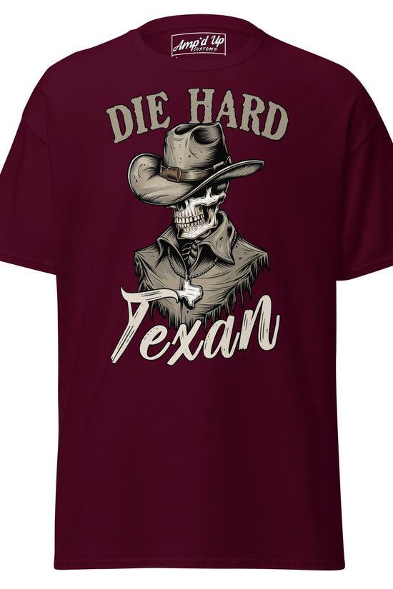 Die Hard Texan T-Shirt in Maroon featuring a Cowboy Skeleton Graphic Design