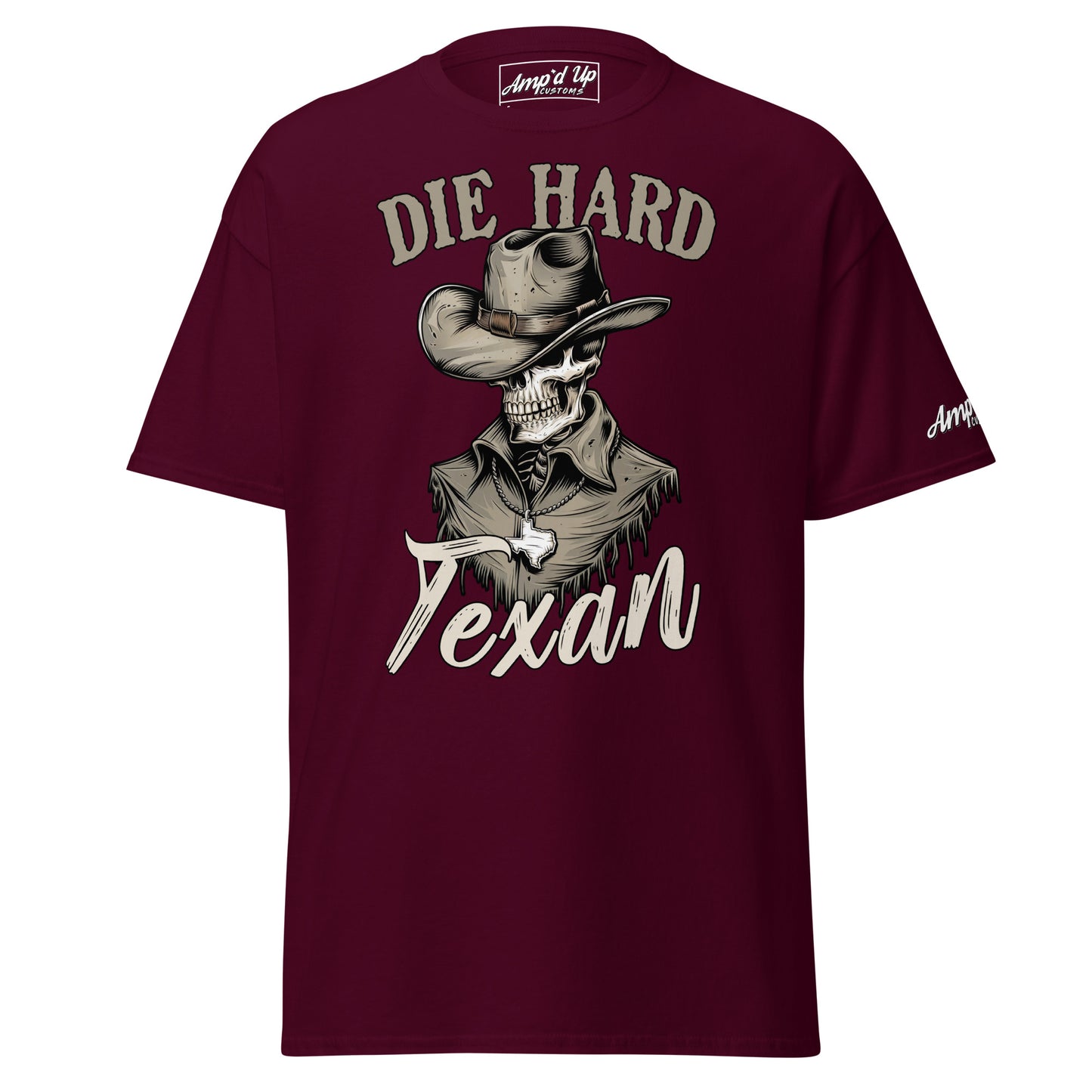 Die Hard Texan T-Shirt in Maroon featuring a Cowboy Skeleton Graphic Design