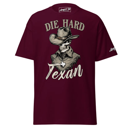 Die Hard Texan T-Shirt in Maroon featuring a Cowboy Skeleton Graphic Design