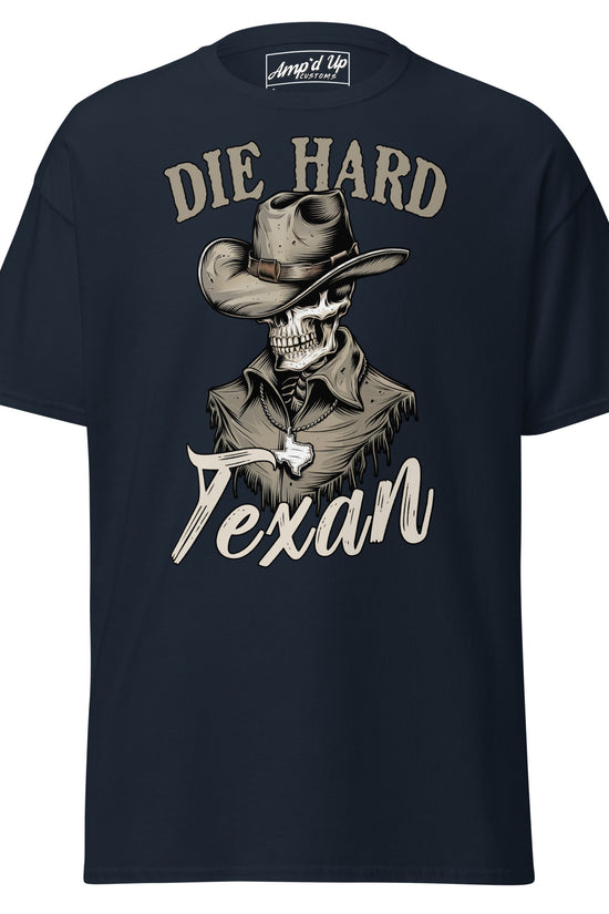 Die Hard Texan T-Shirt featuring a skeleton in a cowboy hat and detailed graphic design