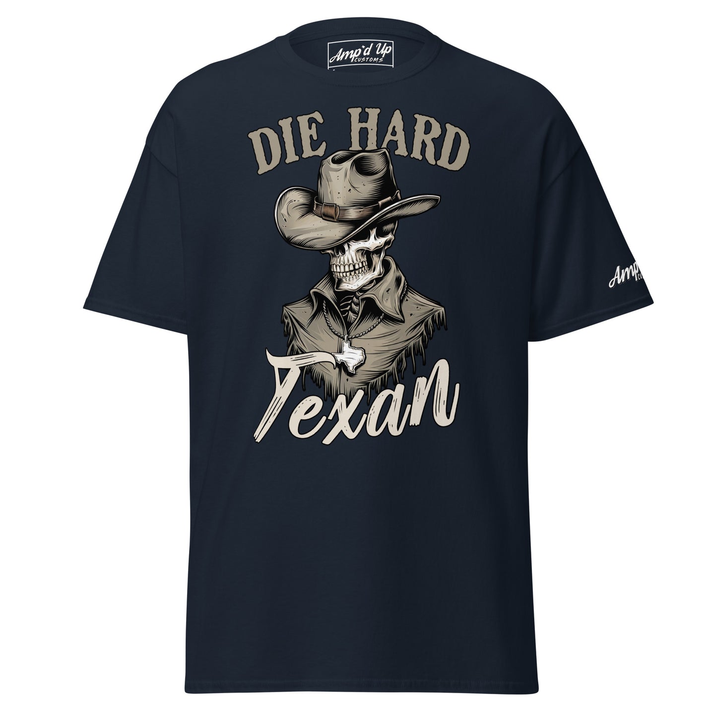 Die Hard Texan T-Shirt featuring a skeleton in a cowboy hat and detailed graphic design