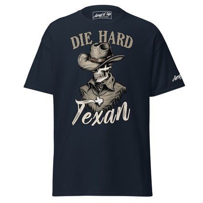 Die Hard Texan T-Shirt featuring a skeleton in a cowboy hat and detailed graphic design