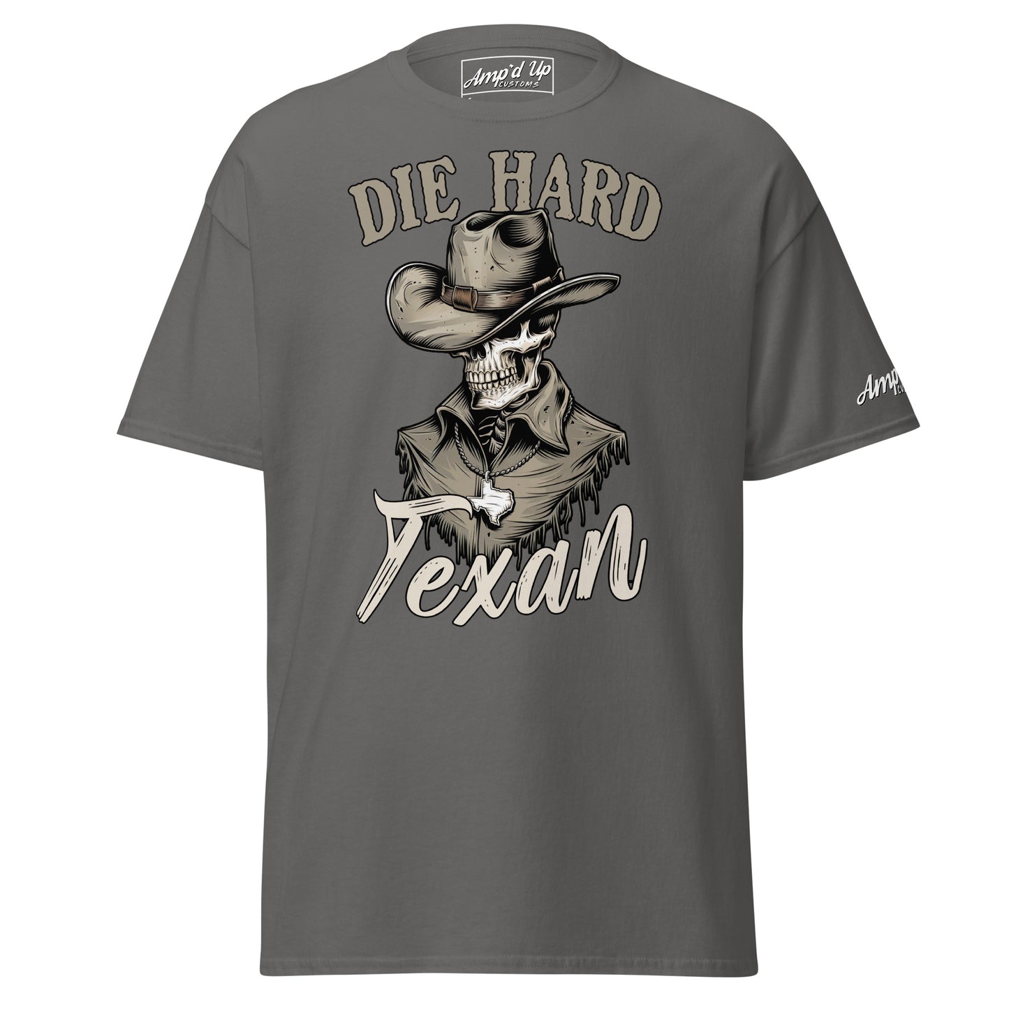 Die Hard Texan T-Shirt featuring a skeleton wearing a cowboy hat and rugged attire
