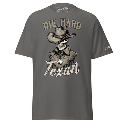 Die Hard Texan T-Shirt featuring a skeleton wearing a cowboy hat and rugged attire