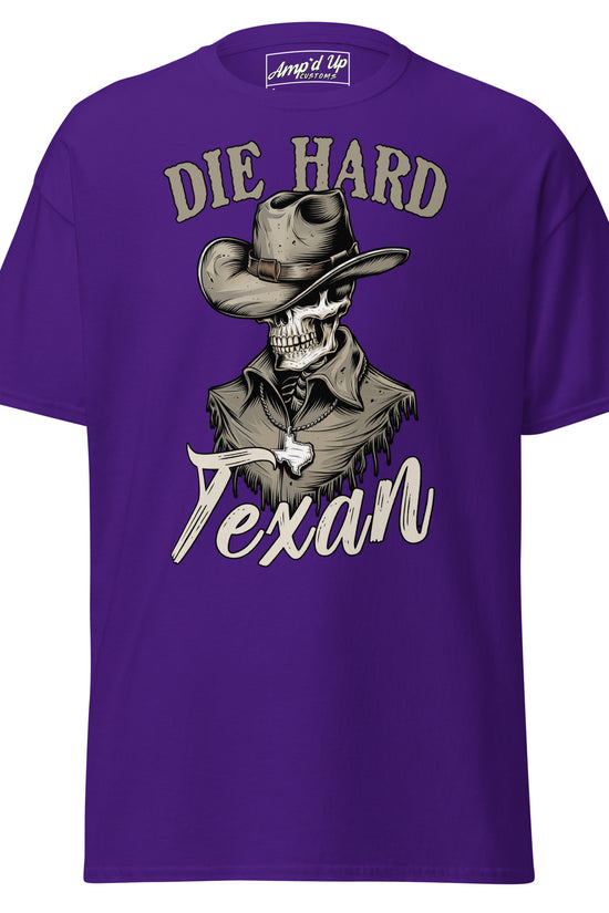 Purple Die Hard Texan T-Shirt featuring a cowboy skeleton graphic and bold lettering