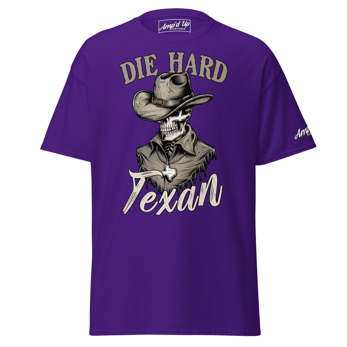 Purple Die Hard Texan T-Shirt featuring a cowboy skeleton graphic and bold lettering