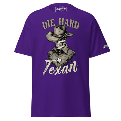 Purple Die Hard Texan T-Shirt featuring a cowboy skeleton graphic and bold lettering