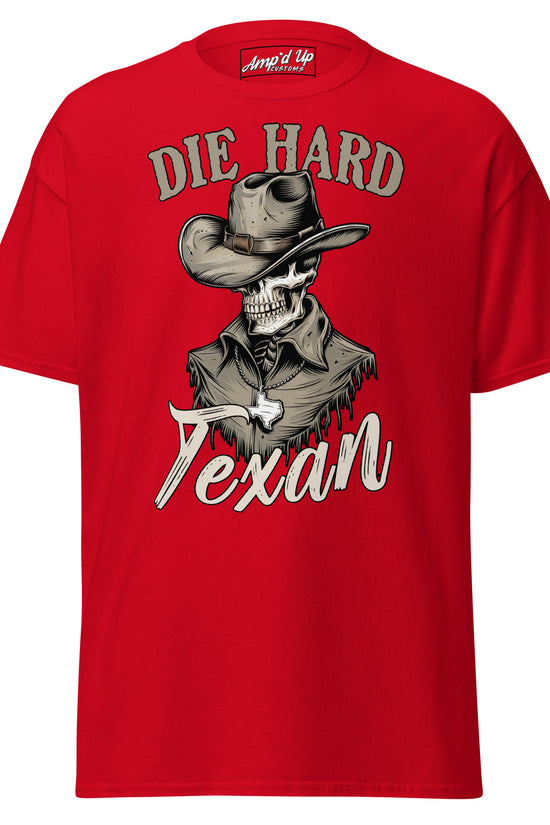 Red Die Hard Texan T-Shirt featuring a cowboy skeleton graphic with a hat and fringe
