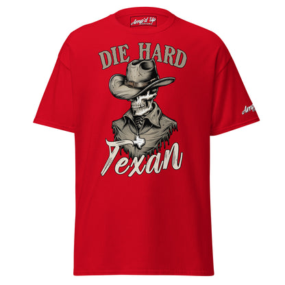 Red Die Hard Texan T-Shirt featuring a cowboy skeleton graphic with a hat and fringe