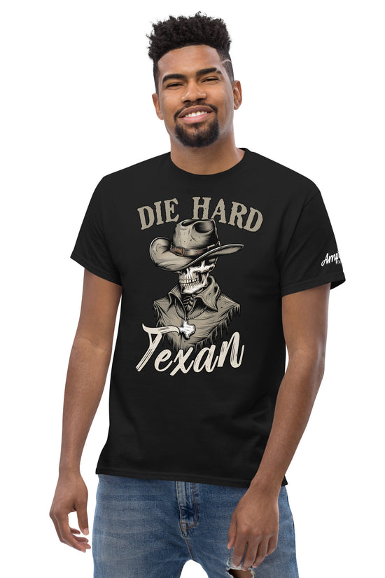 Die Hard Texan T-Shirt featuring a cowboy graphic on a black cotton tee from Amp'd Up Custom