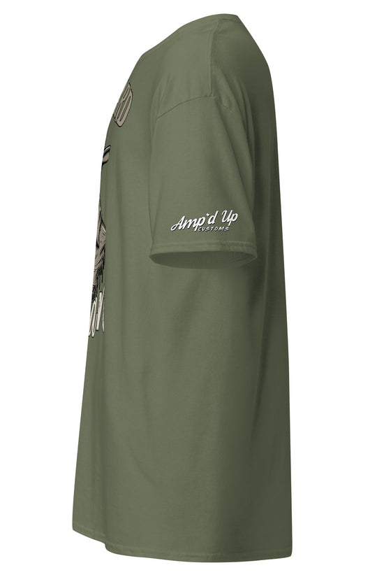 Side view of Die Hard Texan T-Shirt by Amp'd Up Custom in olive green with vibrant graphic design