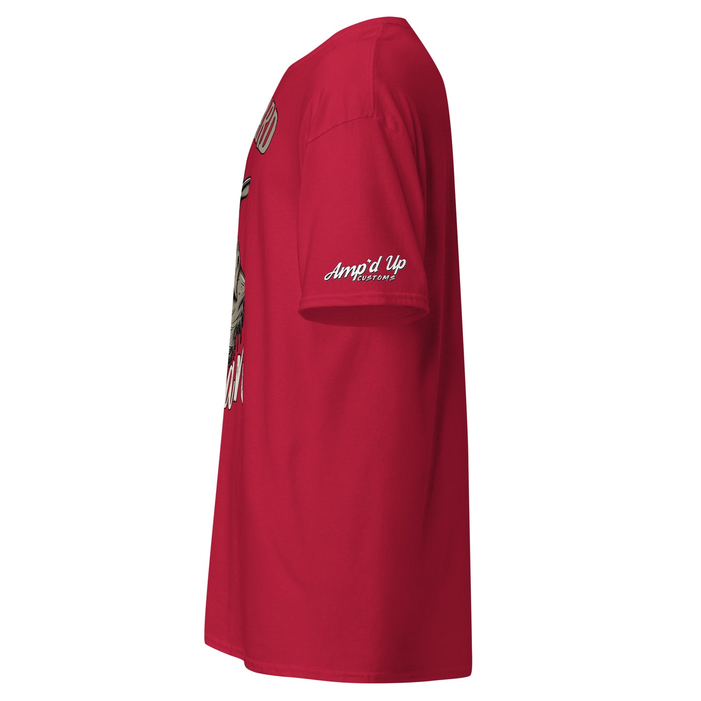 Side view of a red Die Hard Texan T-Shirt by Amp'd Up Custom featuring bold graphics