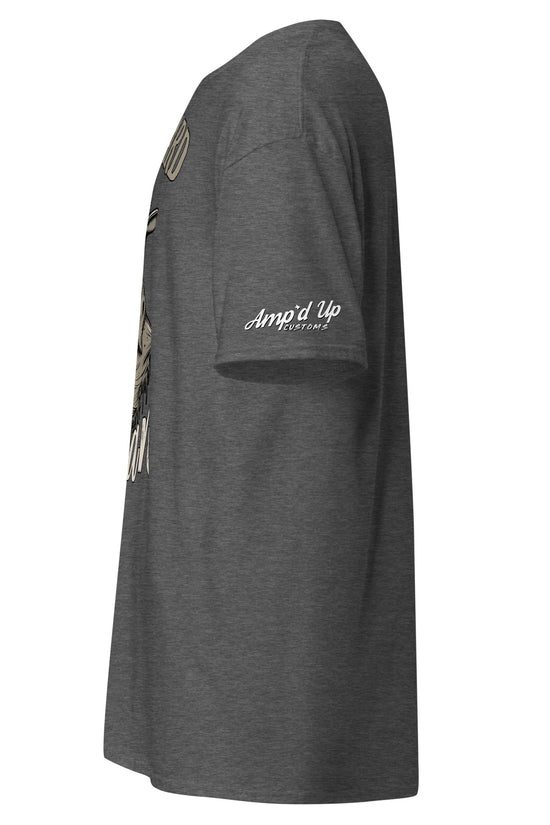 Side view of a Die Hard Texan T-Shirt by Amp'd Up Custom in dark gray color