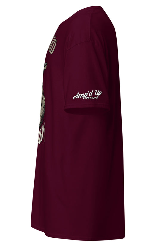 Side view of Die Hard Texan T-Shirt from Amp'd Up Custom in burgundy with a graphic design