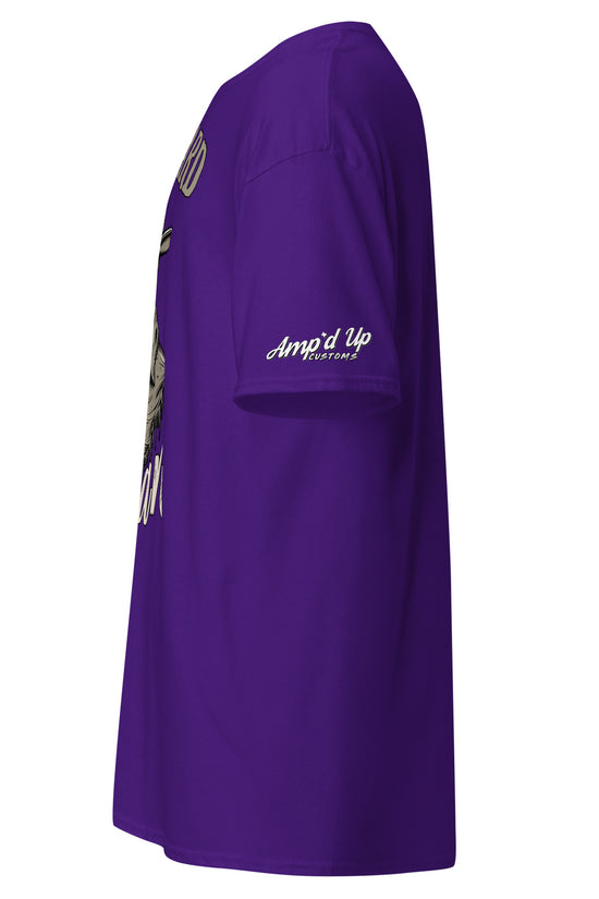 Side view of Die Hard Texan T-Shirt in purple by Amp'd Up Custom with graphic design