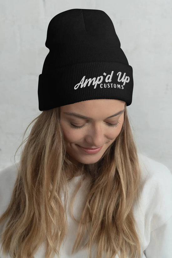 Amp'd Up Embroidered Cuffed Beanie in Black, designed for style and warmth during cold weather