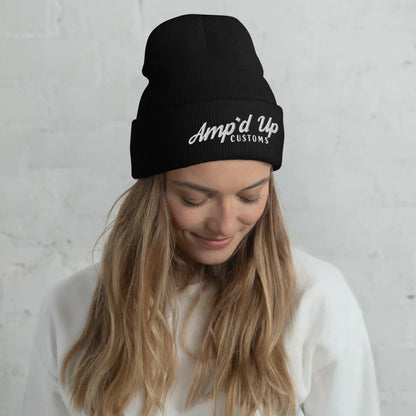 Amp'd Up Embroidered Cuffed Beanie in Black, designed for style and warmth during cold weather