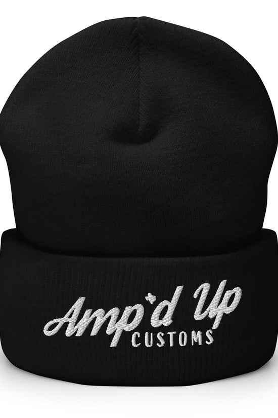 Amp'd Up Embroidered Cuffed Beanie in black with stylish logo for cozy warmth