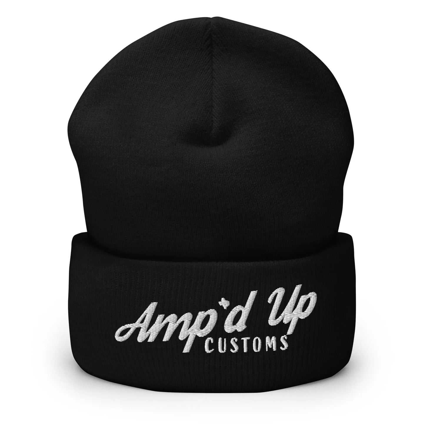 Amp'd Up Embroidered Cuffed Beanie in black with stylish logo for cozy warmth