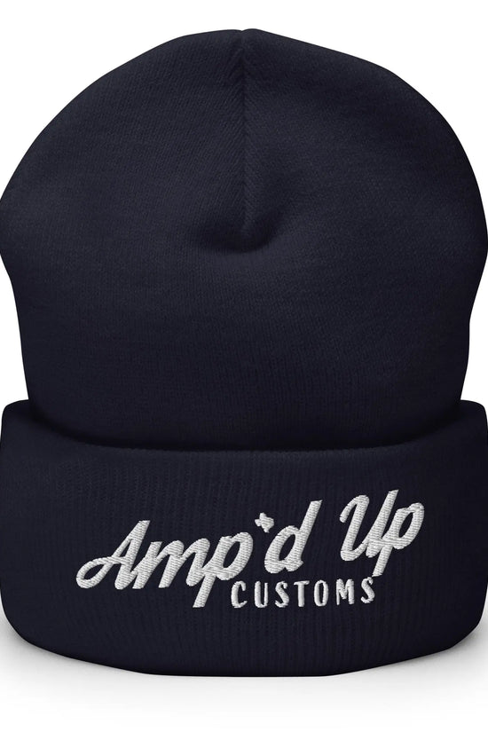 Amp'd Up Embroidered Cuffed Beanie in navy blue with stylish logo for warmth and comfort