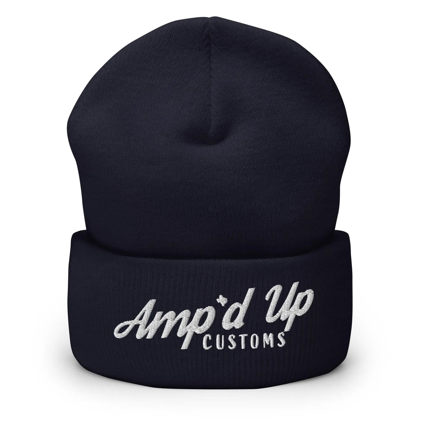 Amp'd Up Embroidered Cuffed Beanie in navy blue with stylish logo for warmth and comfort