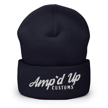 Amp'd Up Embroidered Cuffed Beanie in navy blue with stylish logo for warmth and comfort