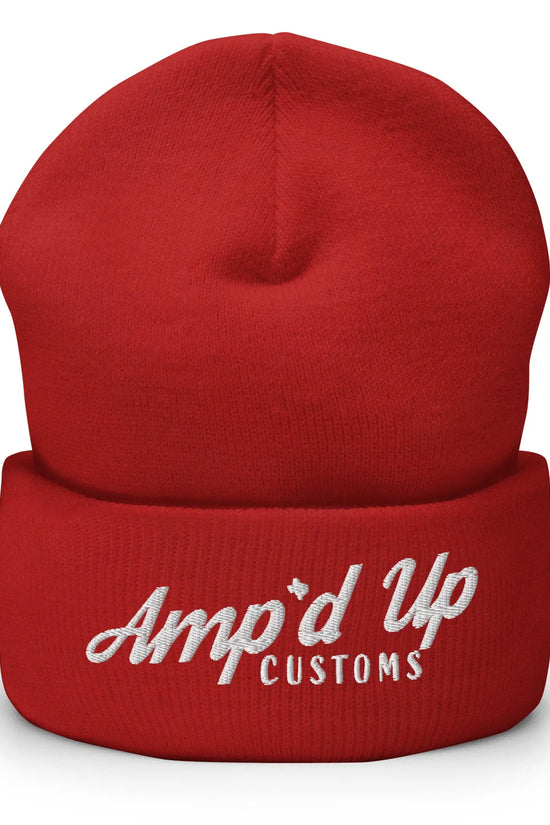 Amp'd Up Embroidered Cuffed Beanie in red with stylish custom logo for a trendy look