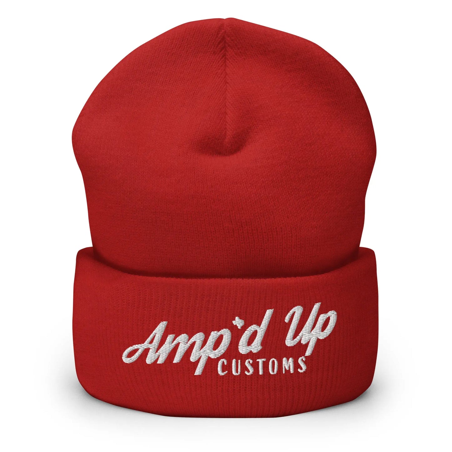 Amp'd Up Embroidered Cuffed Beanie in red with stylish custom logo for a trendy look