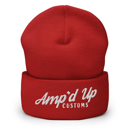 Amp'd Up Embroidered Cuffed Beanie in red with stylish custom logo for a trendy look