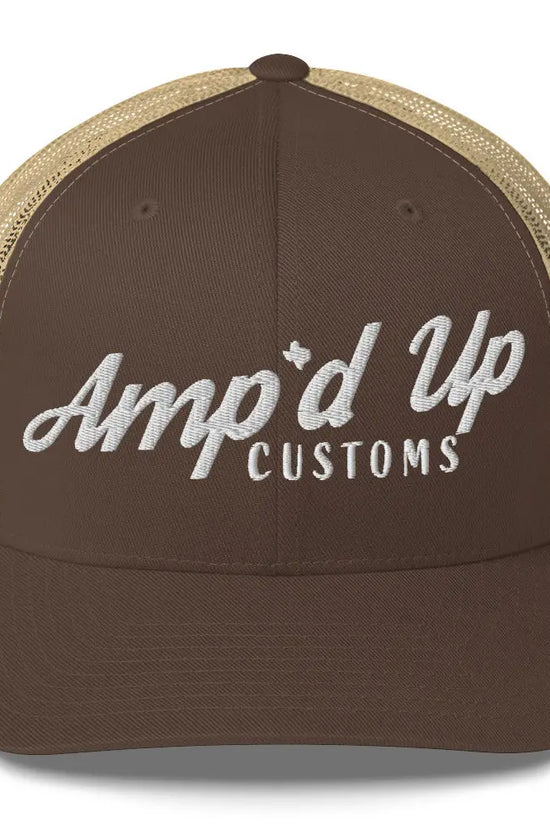 Amp'd Up Embroidered Trucker Cap in Brown with Stylish Mesh Back for Comfortable Wear