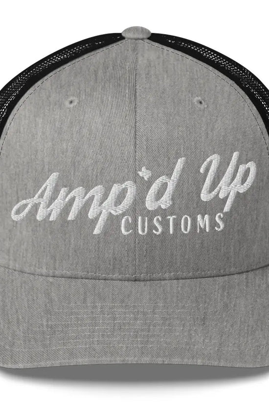 Amp'd Up Embroidered Trucker Cap in gray with stylish black mesh back for a trendy look